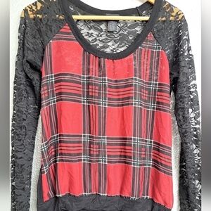 Rue 21 Red & Black Plaid With Lace Sleeves  Size M